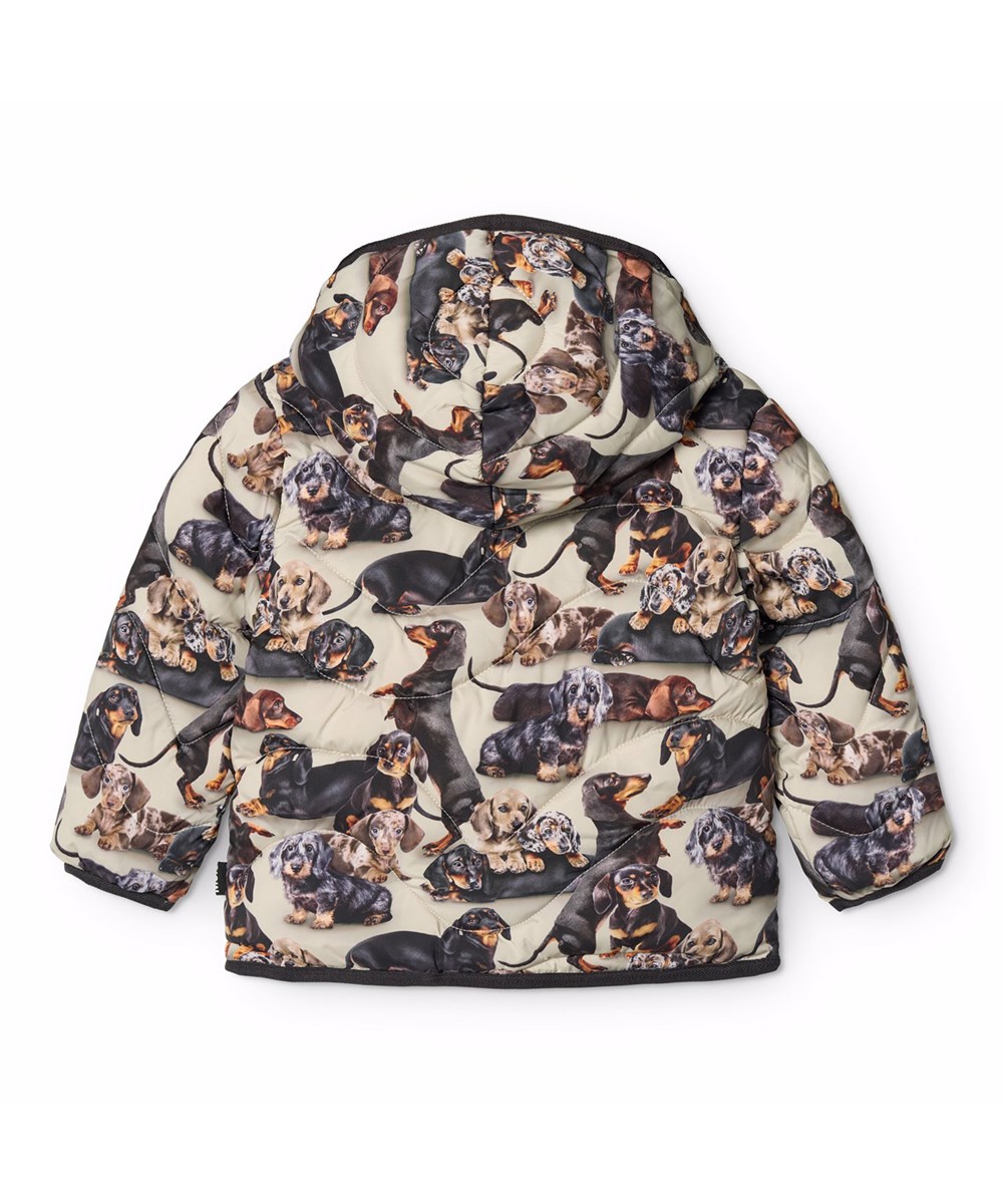 Harmony - Dashshund Soft - Vandafvisende quiltet jakke i genanvendt polyester til de mindste, med lyst foer, brune kanter og print af hunde i brune nuancer.