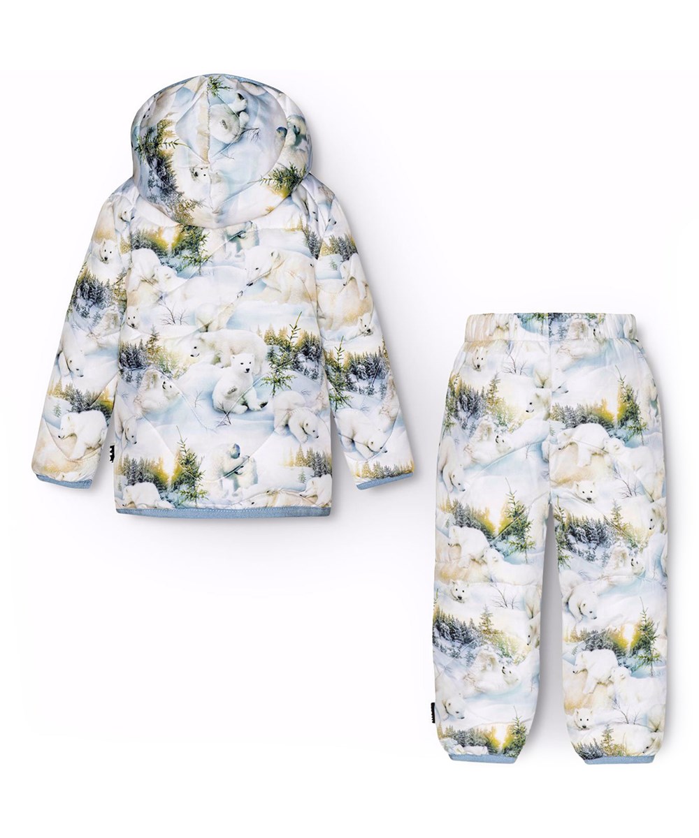 Harmony set - Snowy Bears - Blødt og lyst termosæt til de mindste, med lyseblåt foer og kantbånd samt et imiteret dunfyld, der sikrer ensartet blødhed, optimal varme og let vedligeholdelse under vask