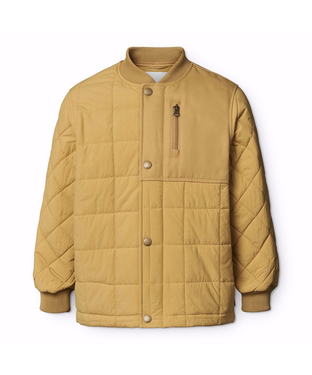 Harold - Suede - Kakifarvet, quiltet, vandafvisende termojakke til børn i genanvendt nylon med canvas detaljer og en lynlås brystlomme.