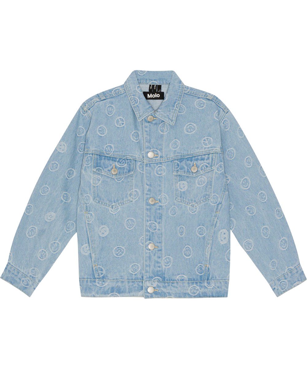 Hedly - Happiness Light - Lyseblå denim jakke til børn med print af smileyer og peacetegn.