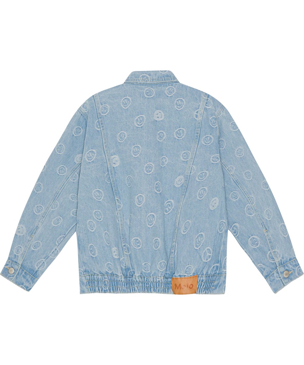 Hedly - Happiness Light - Lyseblå denim jakke til børn med print af smileyer og peacetegn.