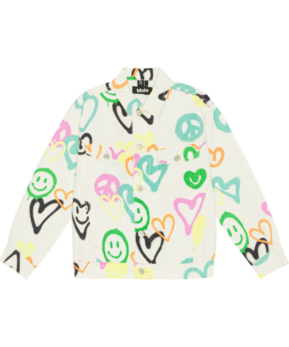 Hedly - Heart Colours - Hvid denimjakke til børn med print af graffitimalede smileyer, hjerter og peacetegn.