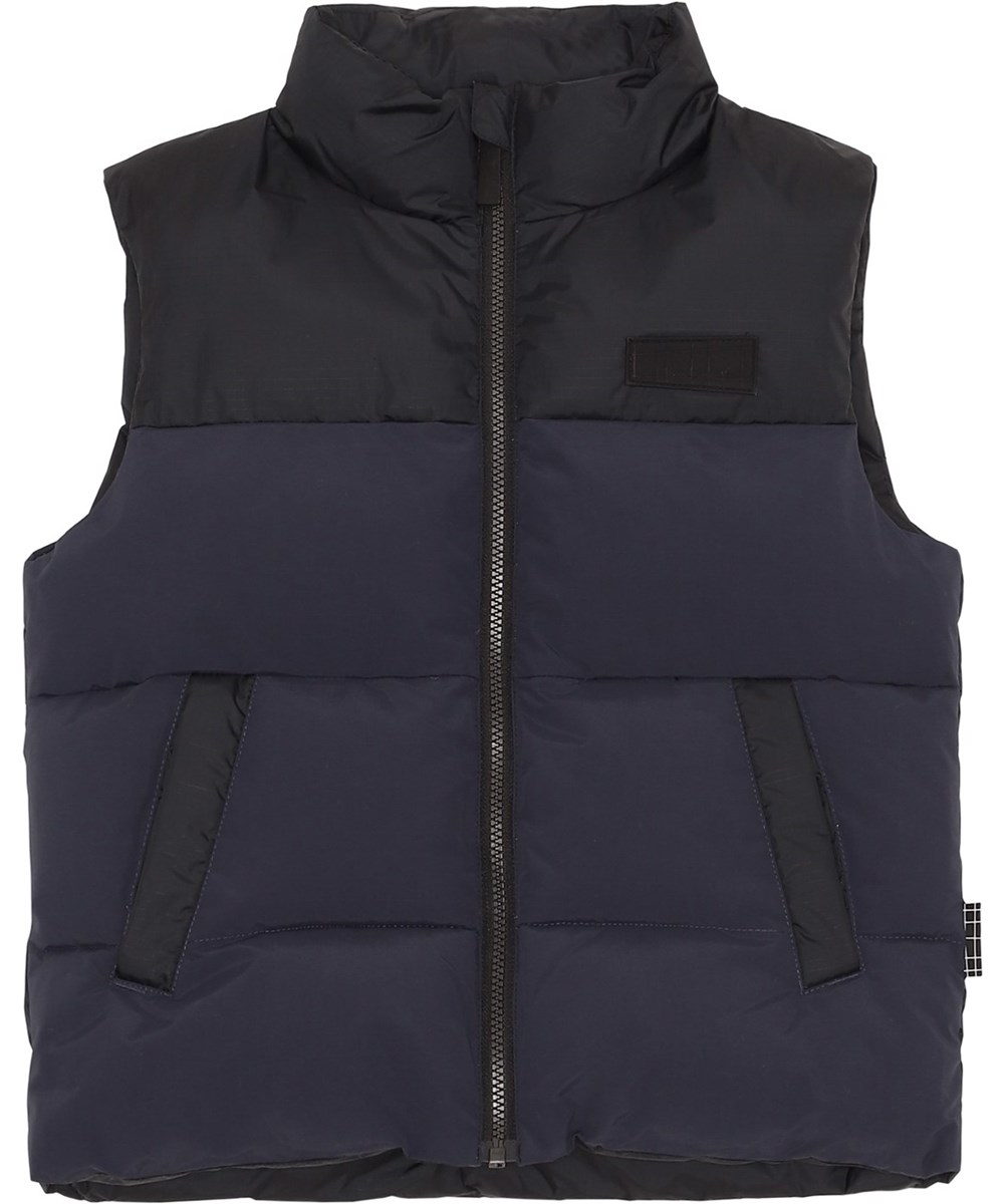 Heike - Galaxy Block - Recycled mørkeblå dun vest 