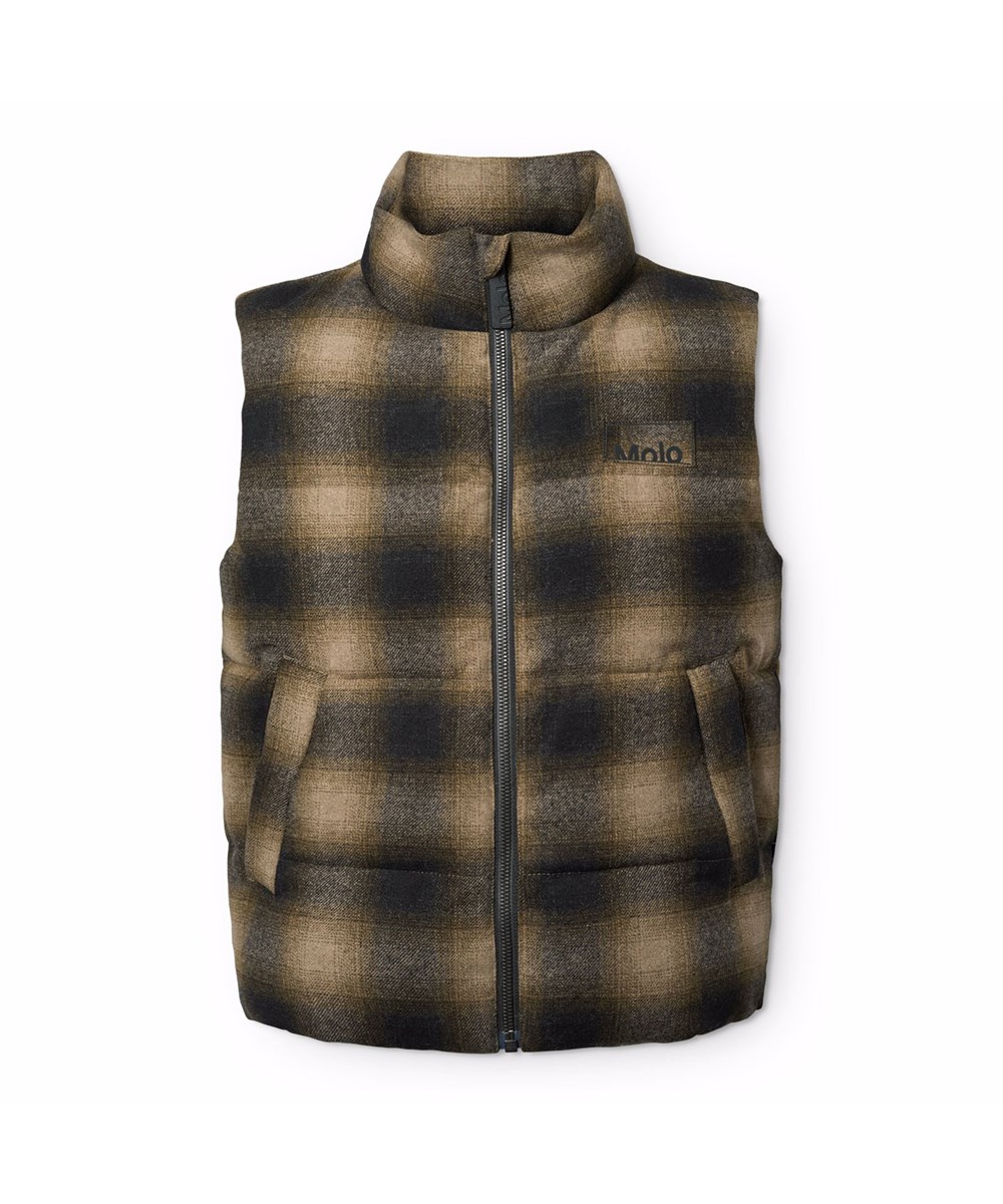Heike - Bark Check - Ternet brun vest til børn i genanvendt polyester og uldblandning med praktisk indevendige justerbarer elastikker, som holder vinden ude.