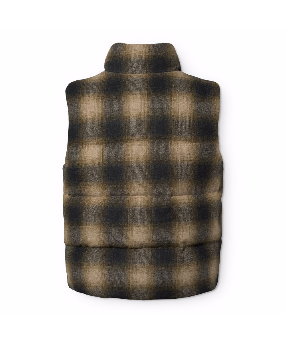 Heike - Bark Check - Ternet brun vest til børn i genanvendt polyester og uldblandning med praktisk indevendige justerbarer elastikker, som holder vinden ude.