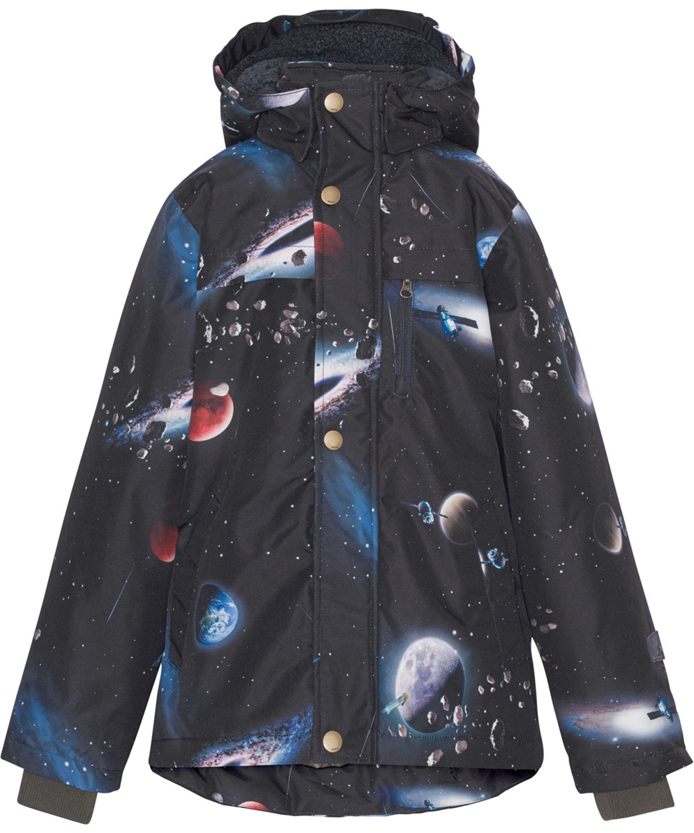 Heiko - Into Space - Recycled blå unisex vinterjakke med planet print