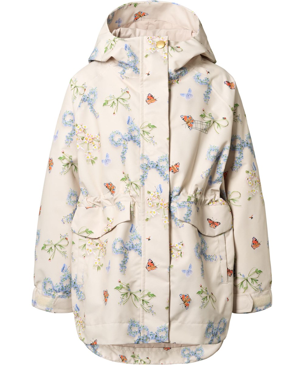 Hennah - Floral Bows - Råhvid vind- og vandtæt jakke i genanvendt polyester med sommerfugleprint til børn