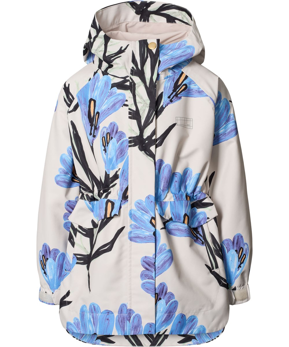 Hennah - Painted Crocus - Beige vind- og vandtæt jakke i genanvendt polyester med blomsterprint til børn