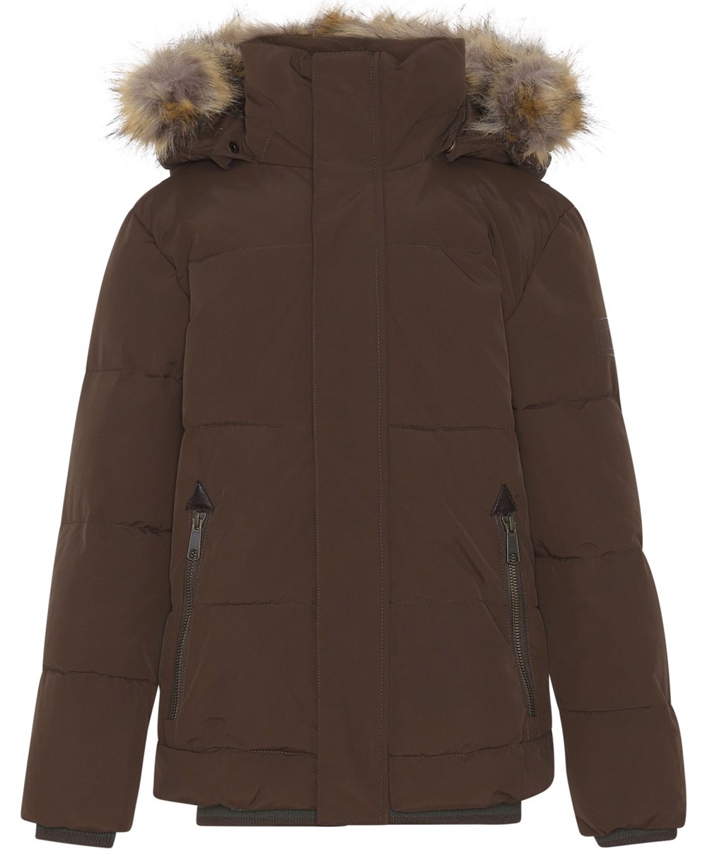 Herbert - Deep Oak - Recycled brun dunjakke med faux fur 