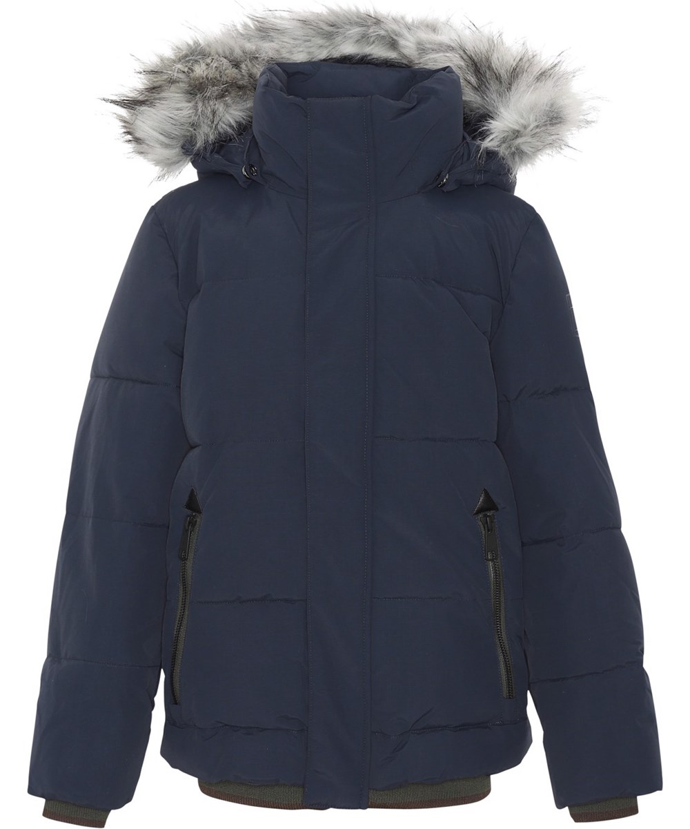 Herbert - Galaxy Blue - Recycled mørkeblå dunjakke med faux fur 