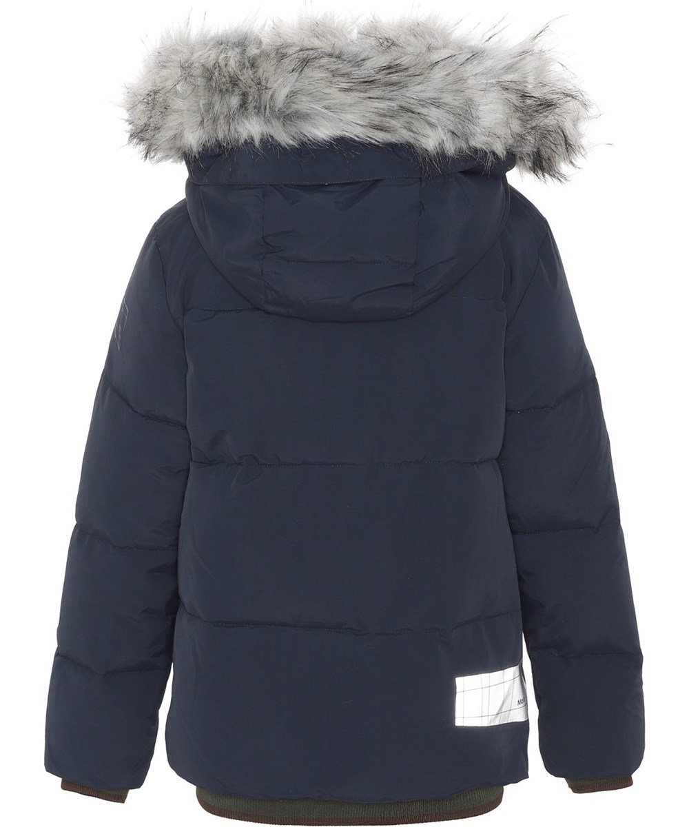 Herbert - Galaxy Blue - Recycled mørkeblå dunjakke med faux fur 