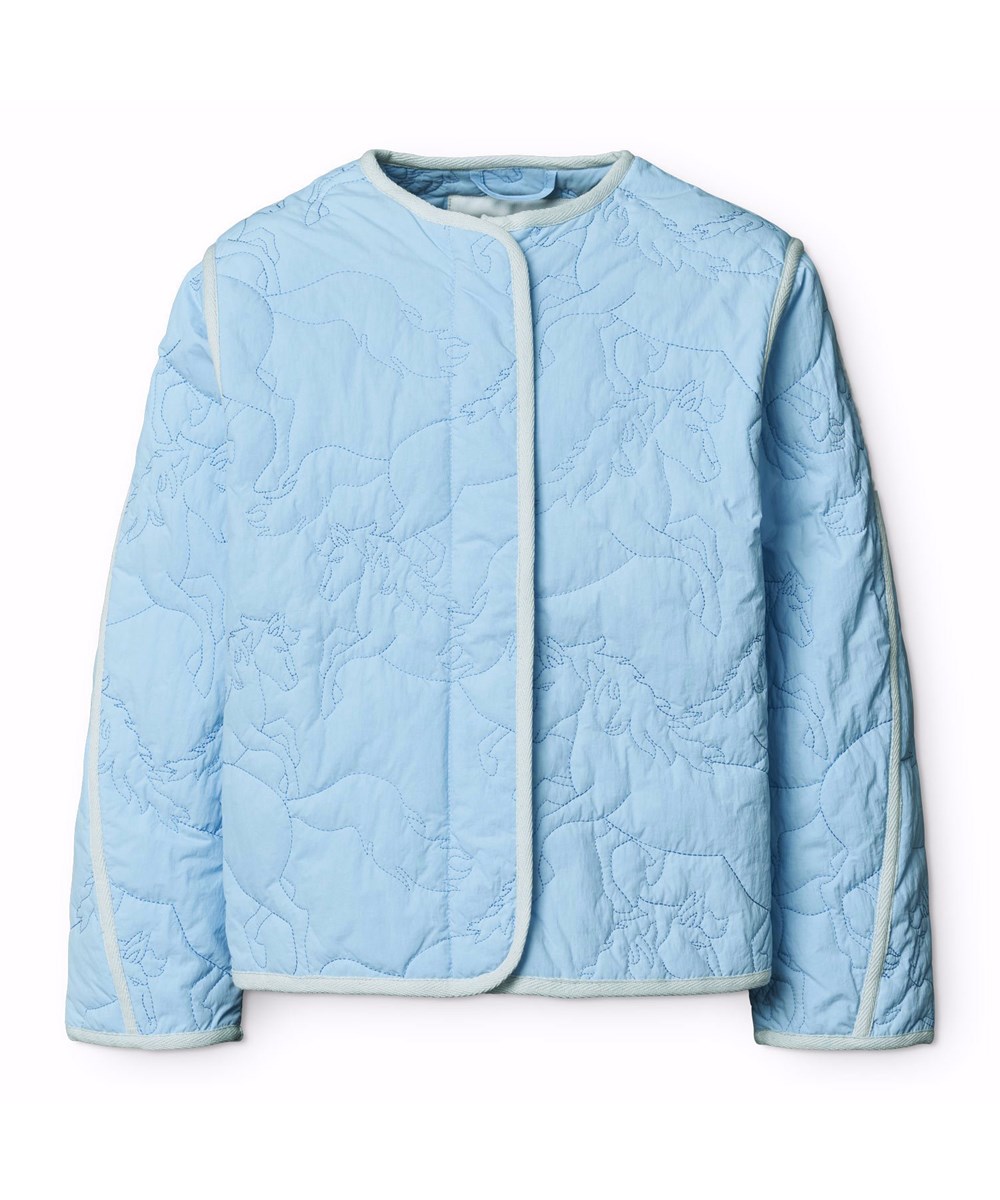 Holley - Day Sky - Blå vandafvisende termojakke til børn i genanvendt nylon med quiltet mønster af heste.