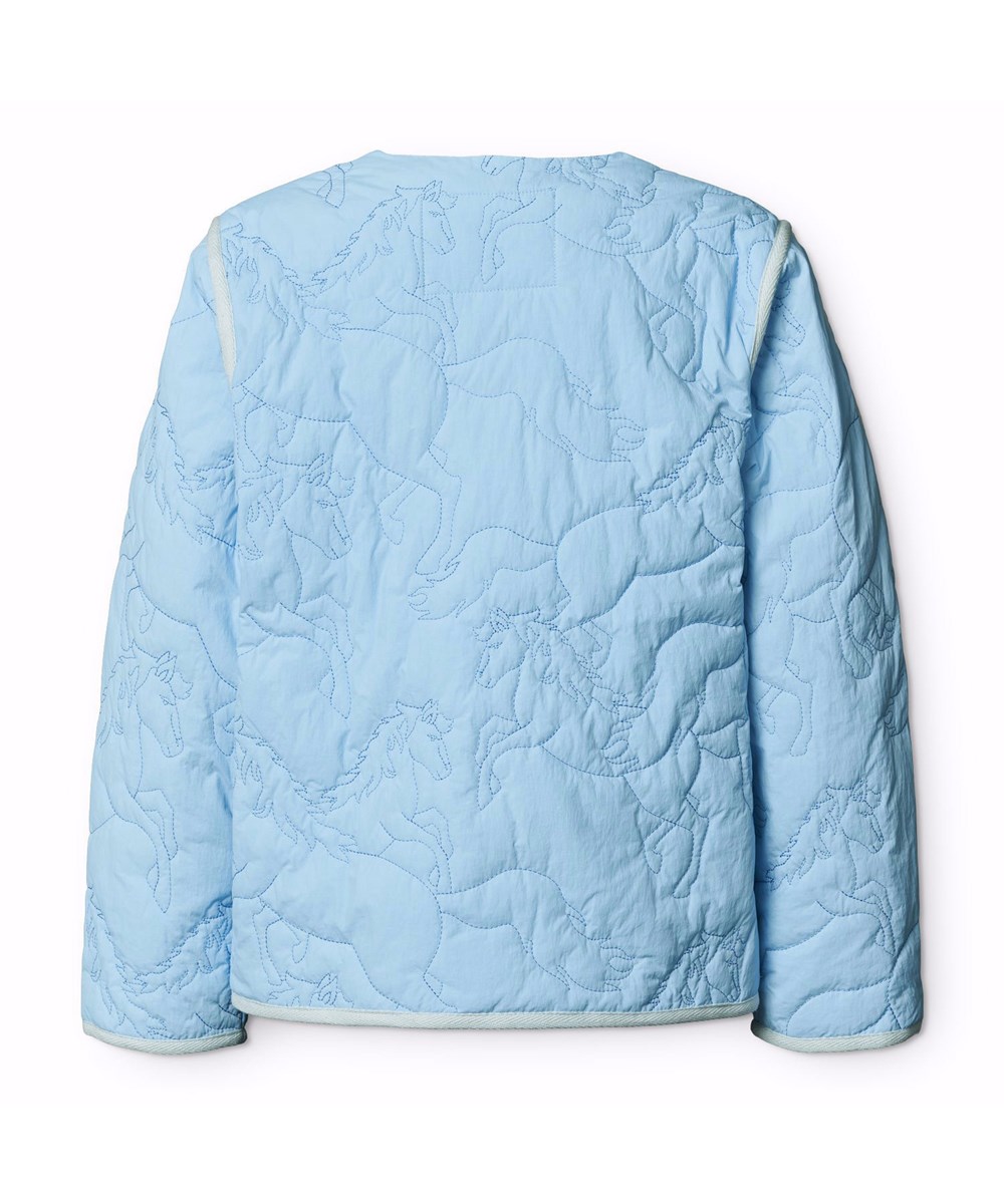 Holley - Day Sky - Blå vandafvisende termojakke til børn i genanvendt nylon med quiltet mønster af heste.