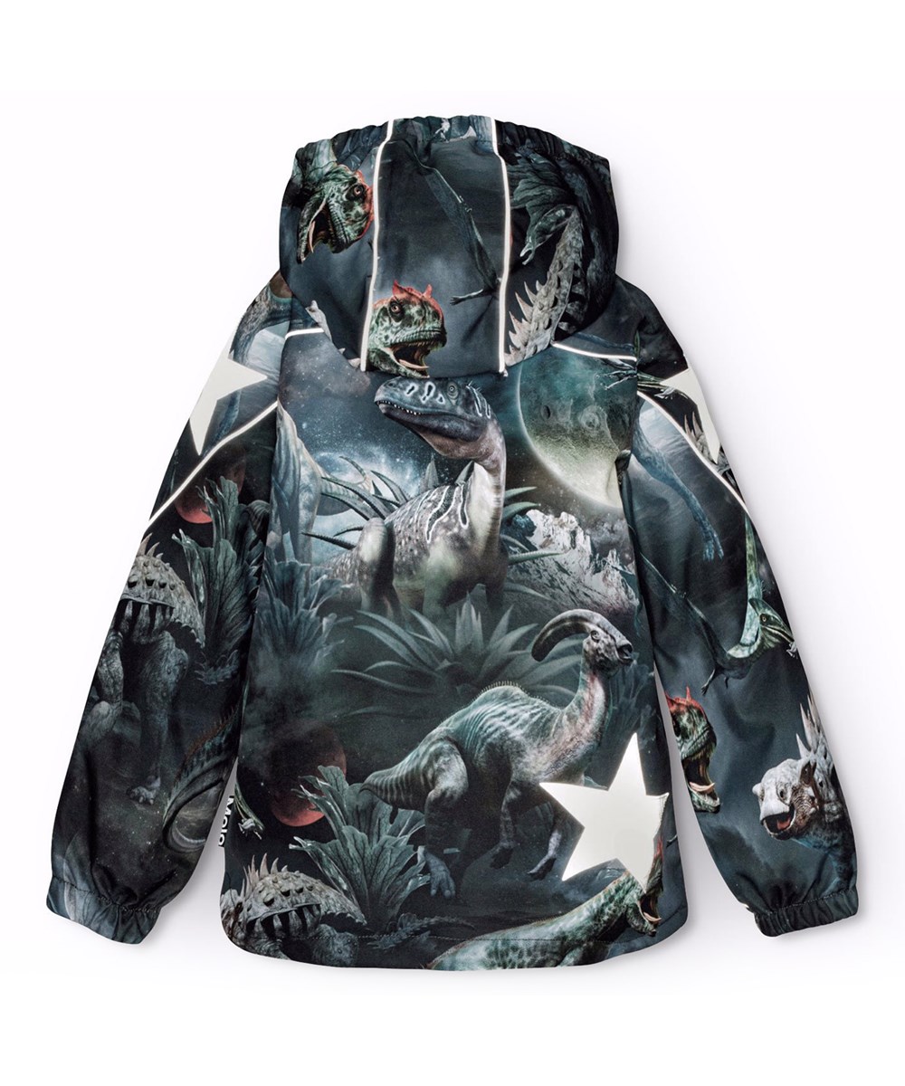 Hopla - Dino In Space - Vind- og vandtæt vinterjakke til en kold vinter i genanvendt polyester, foret med fleece og 3M™ Thinsulate™, i et print af dinosauer i rummet i blå, grønne og brune nuancer