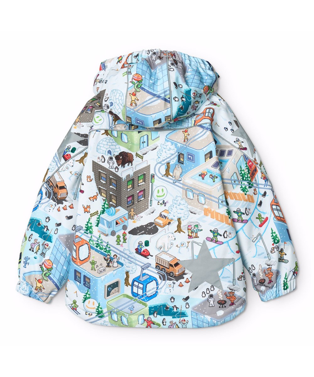 Hopla - Pixel Winter - Vind- og vandtæt vinterjakke til børn i genanvendt polyester et pixeleret print af den virkelige verden, sjove figurer fra Molo's kollektioner samt en masse spændende historier, der er sjove at studere i det farverige univers, samt foret med 3M™ Thinsulat