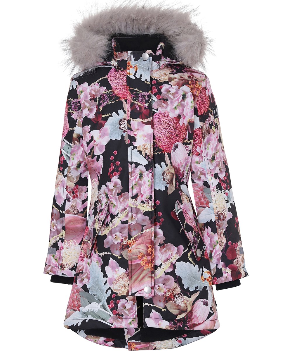 Peace - Bouquet - Blomstret parka vinterjakke med pels 