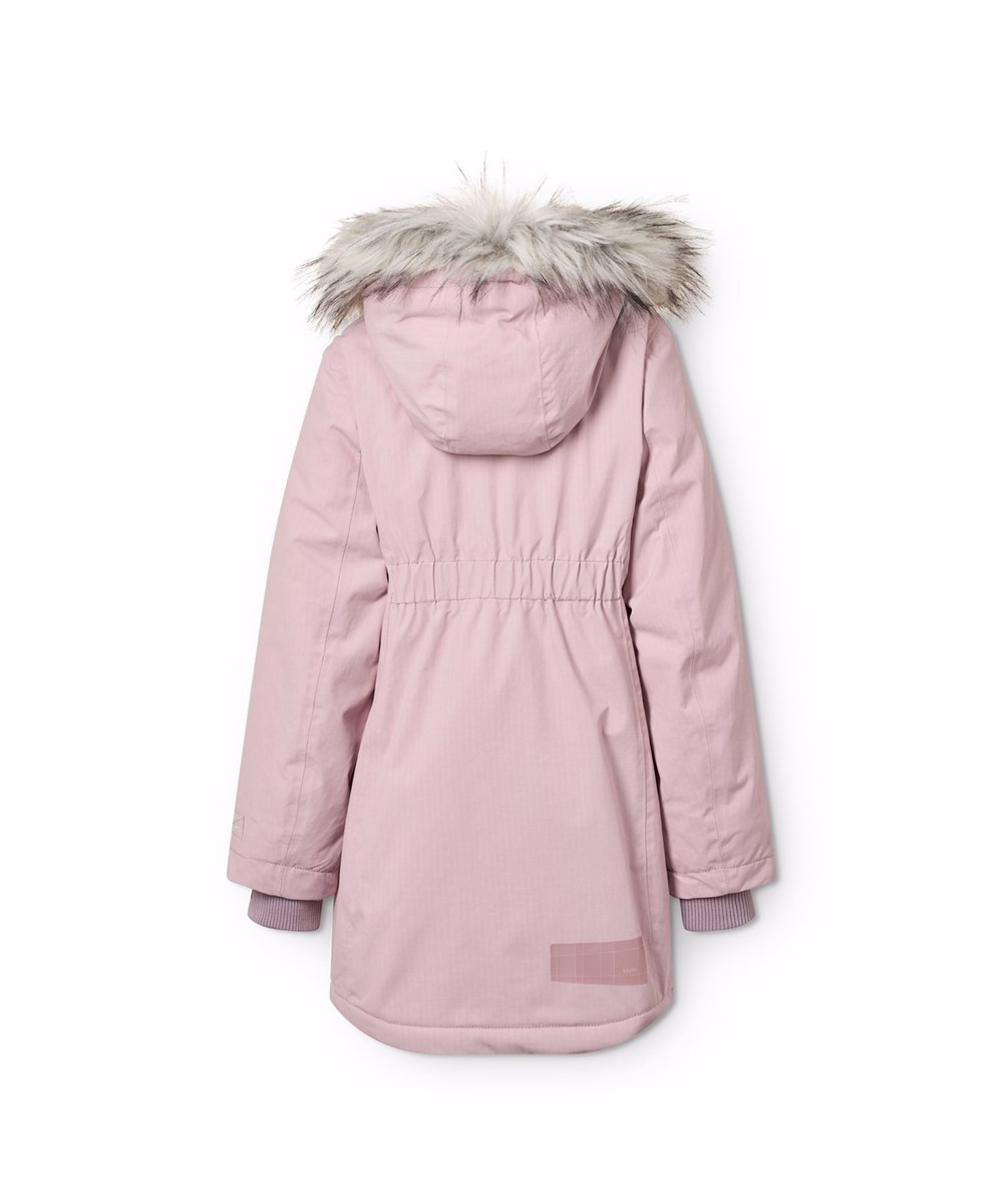 Peace - Blue Pink - Vind- og vandafvisende lyserød jakke til børn i genanvendt nylon med praktisk lynlåslukning, høj krave og aftagelig hætte med faux fur kant.
