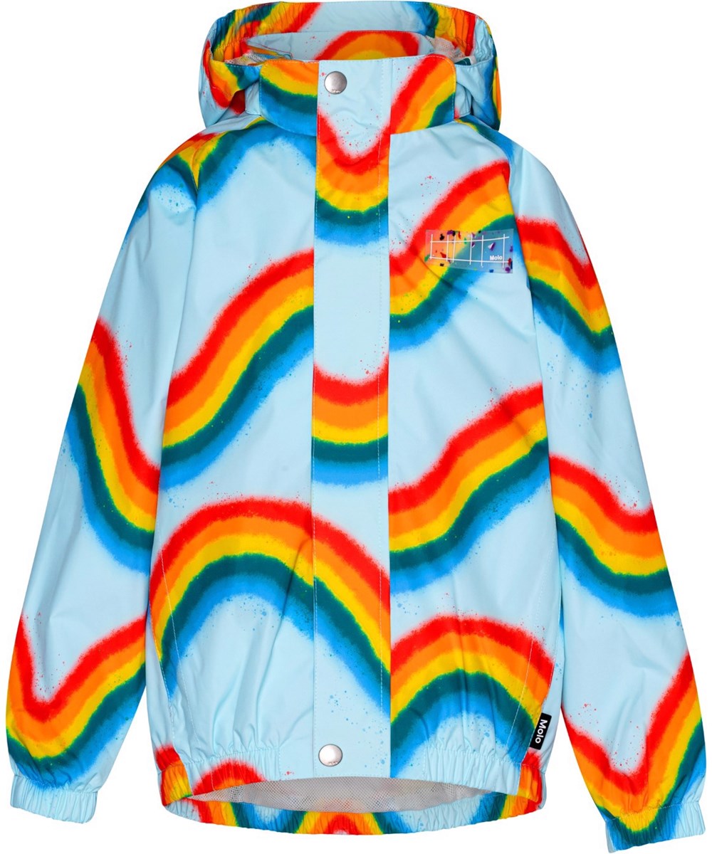 Waiton - Rainbow Waves - Lyseblå regnjakke i åndbart materiale med print af regnbuer.