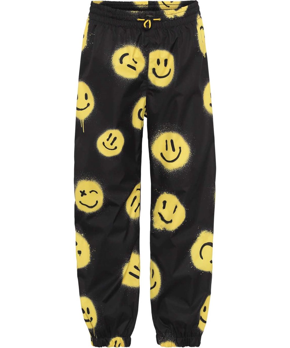 Waits - Happy! - Lette og åndbare regnbukser i sort med smiley print