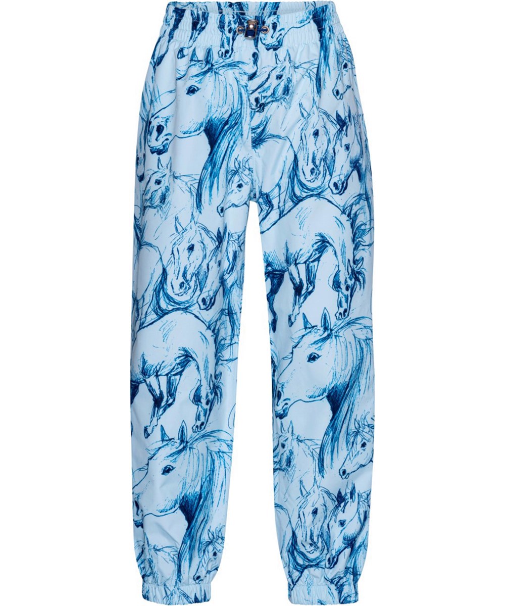 Waits - Sky Blue Horses - Lyseblå regnbukser i åndbart materiale med print af heste.