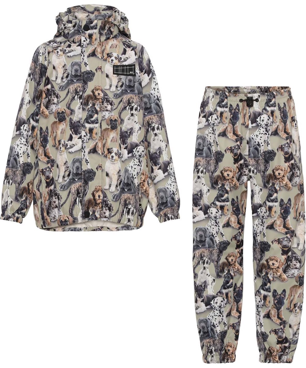Whalley - Pups Camo - Let og åndbart regntøjssæt i khaki med hundeprint