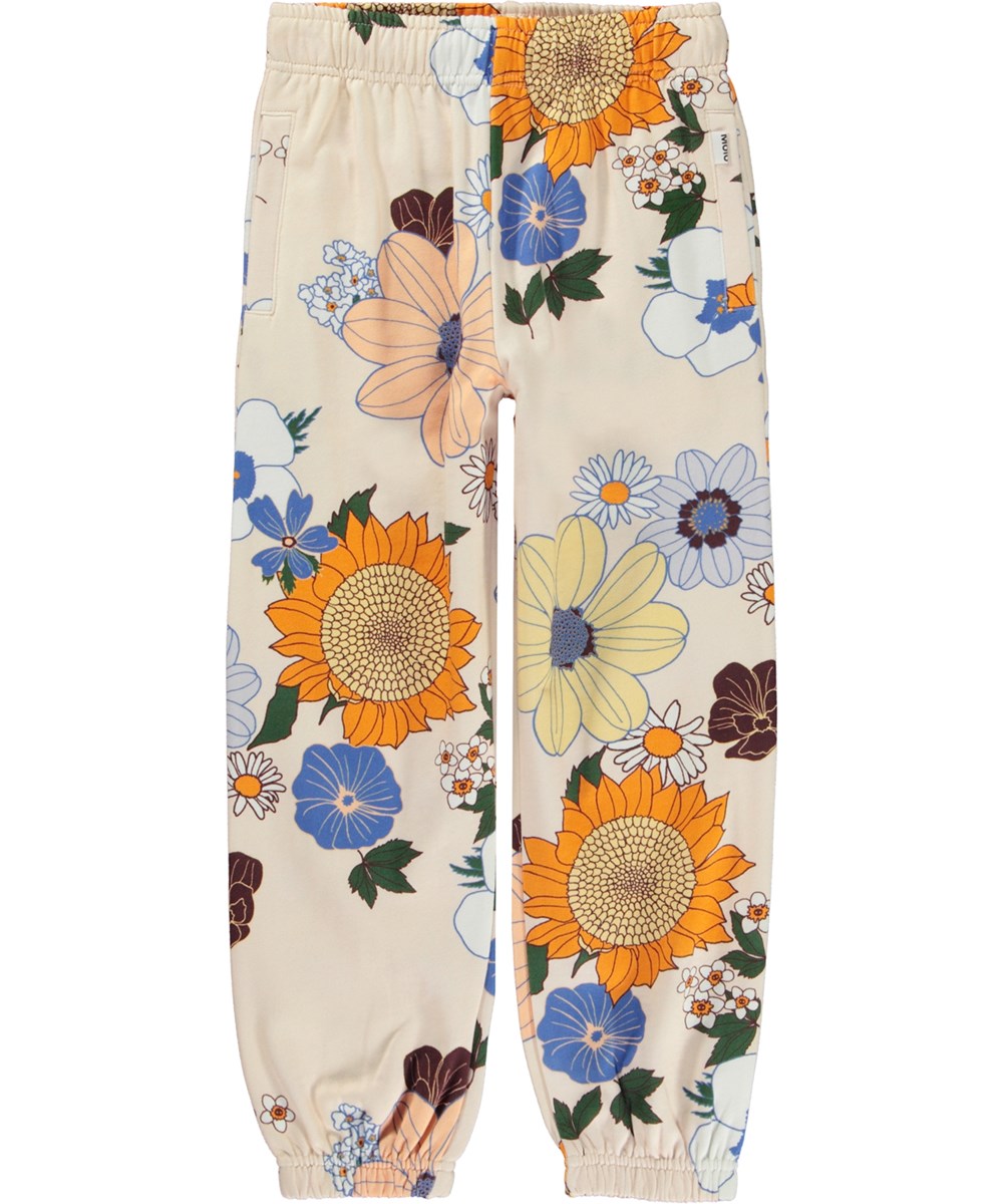 Adan - Light Retro - Råhvide økologiske joggingbukser med allover grafisk blomsterprint