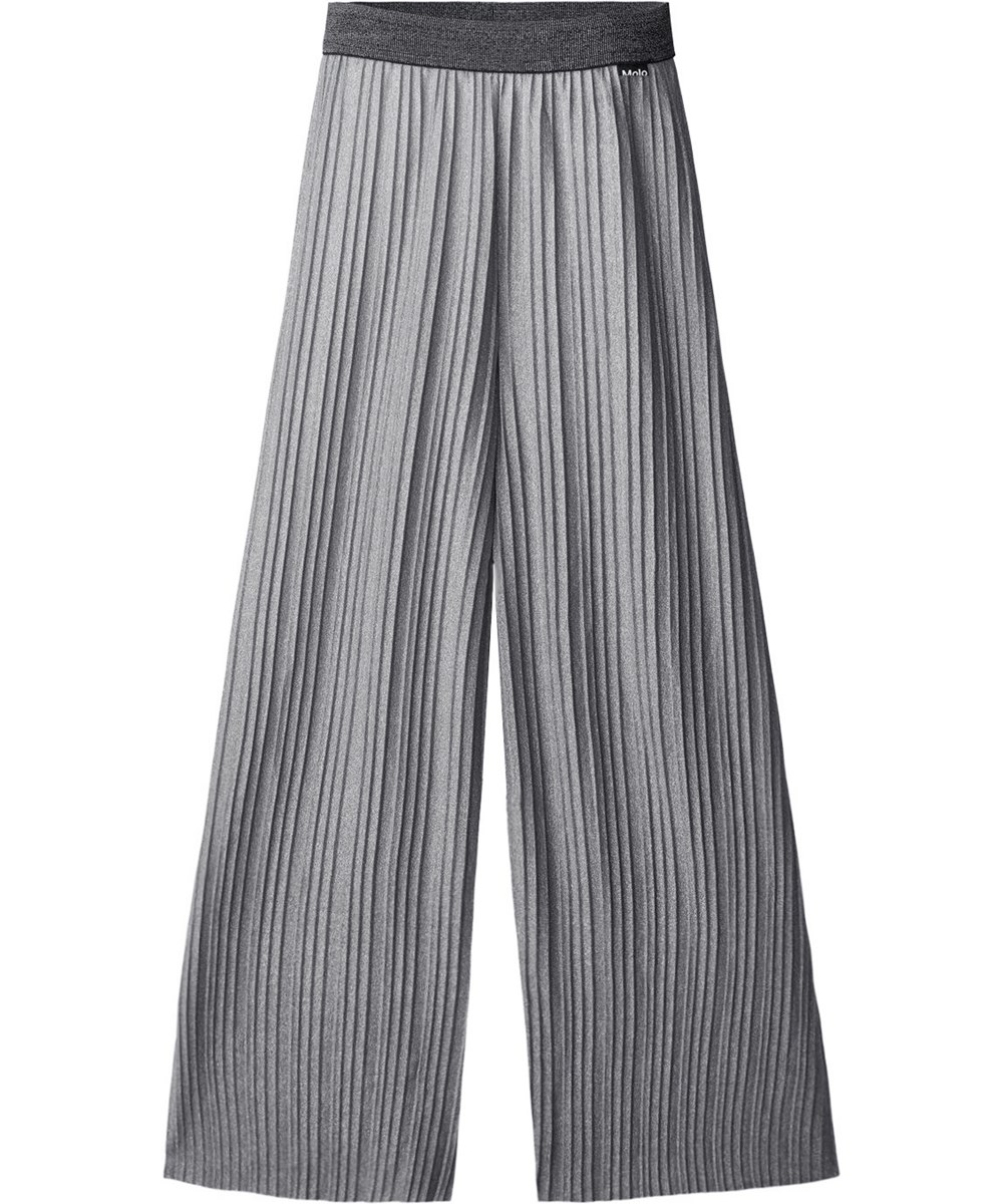 Alenna - Grey Flannel - Grå plisserede bukser til børn med sølvglimmer.