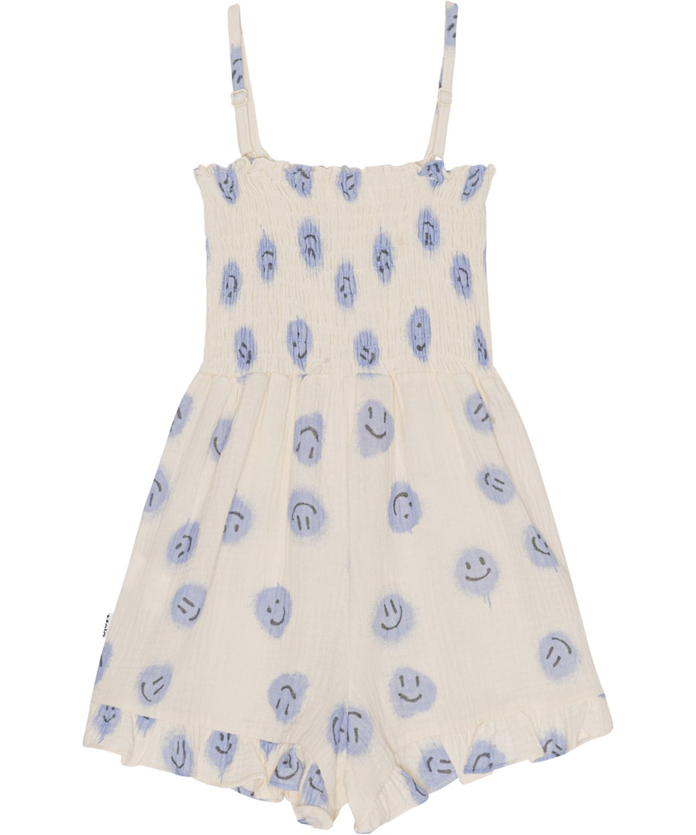 Alicia - Crisp Smiles - Hvid jumpsuit med blå ansigter