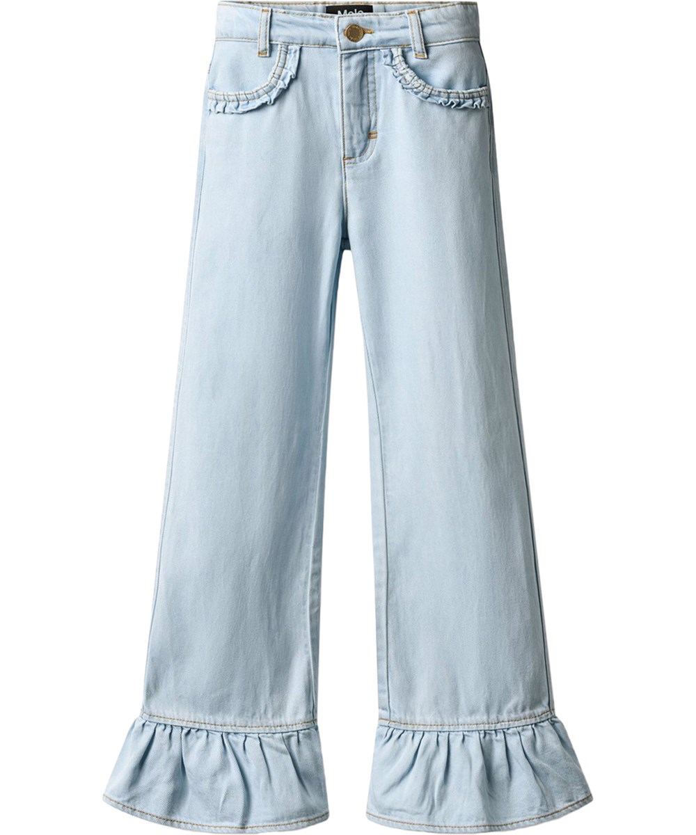 Amara - Bleached Drapy - Lyseblå denim bukser med elegante flæsedetalje til børn