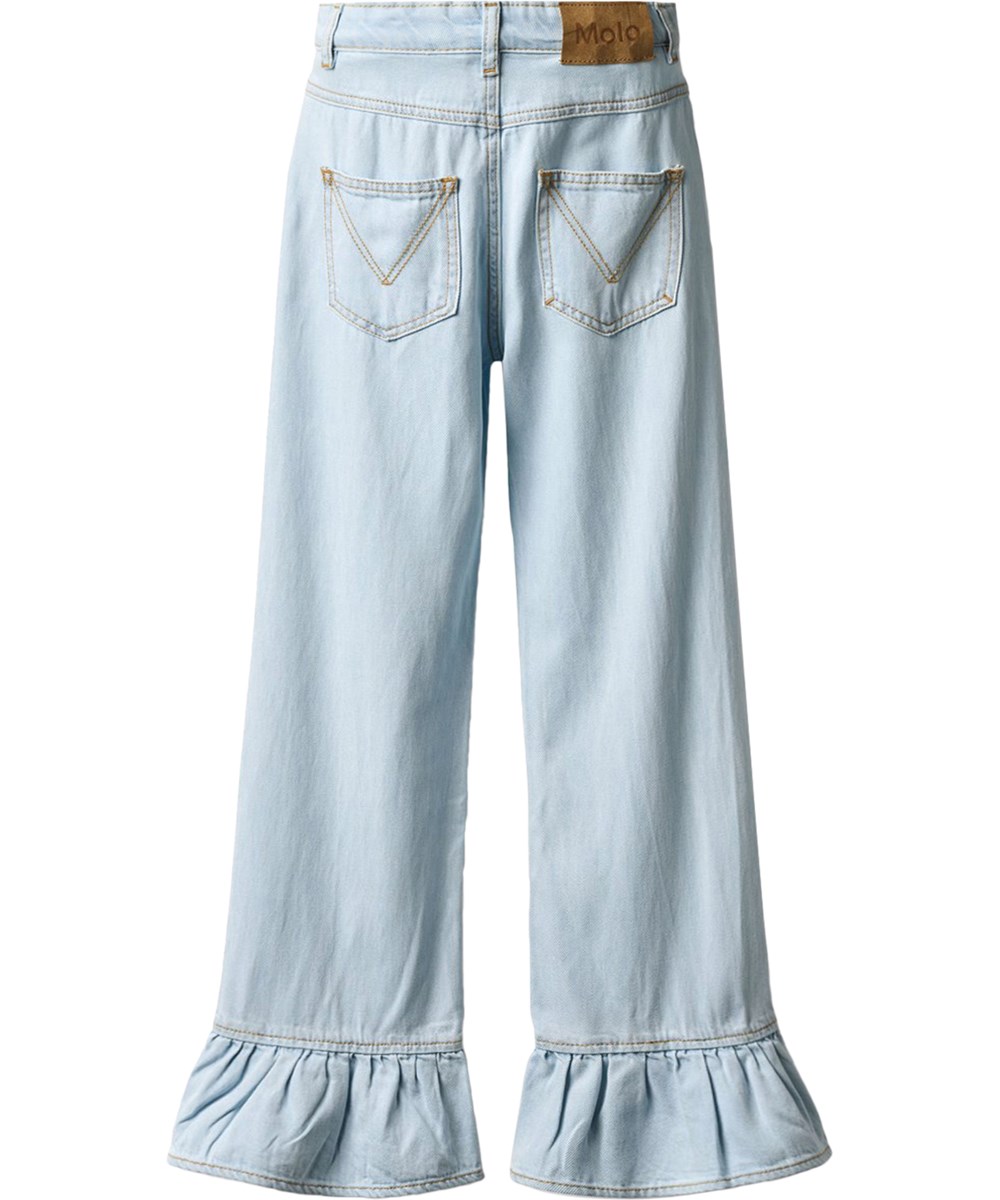 Amara - Bleached Drapy - Lyseblå denim bukser med elegante flæsedetalje til børn