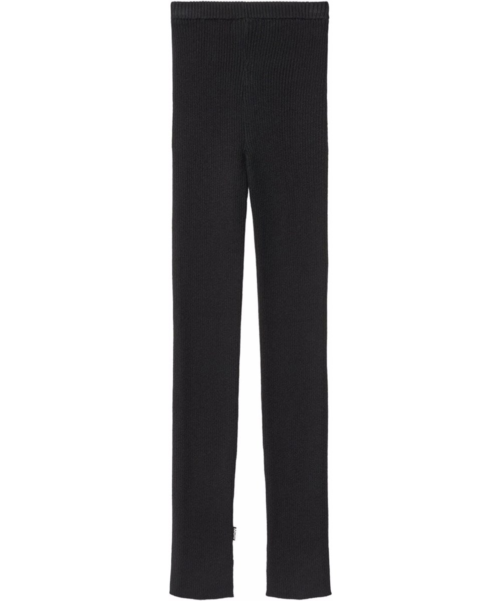 Aria - Black - Sorte lange ribstrikkede leggings i uld og bomuldsblanding til børn. 