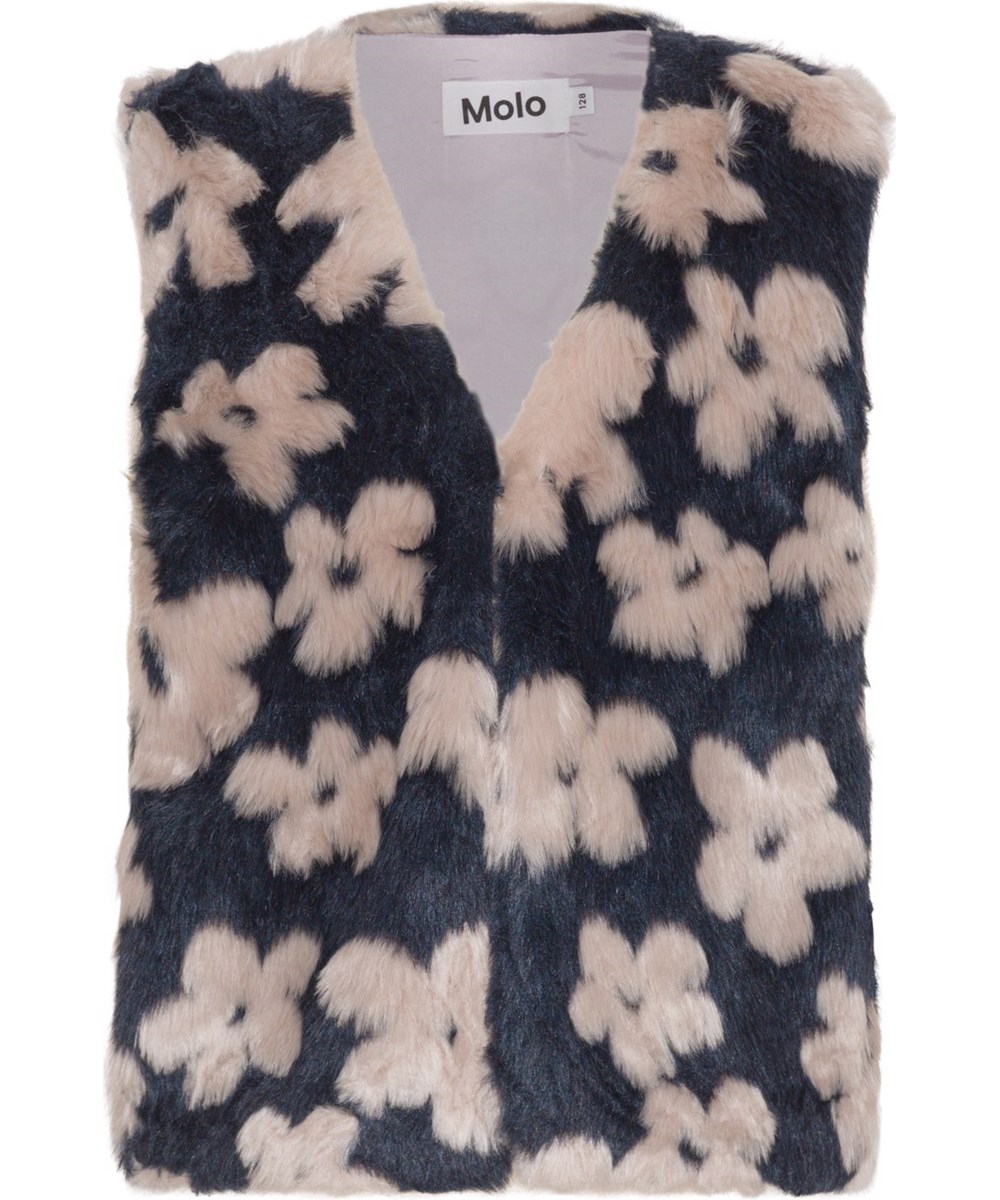 Hatcha - Flower Fur - Sort faux fur vest med beige blomster