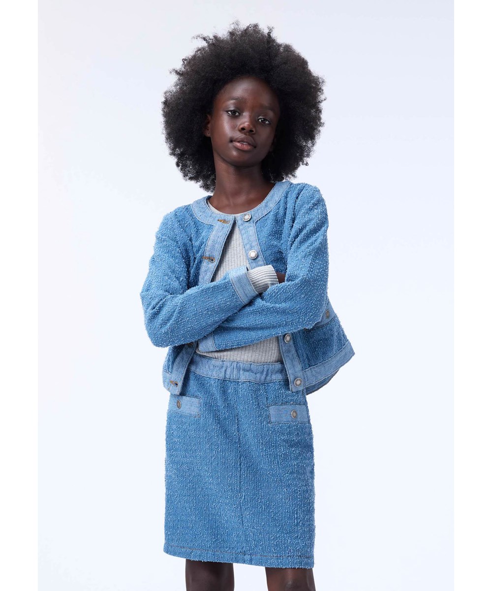 Hedwig - Bouclé Blue - Blå bouclé denimjakke til børn. 