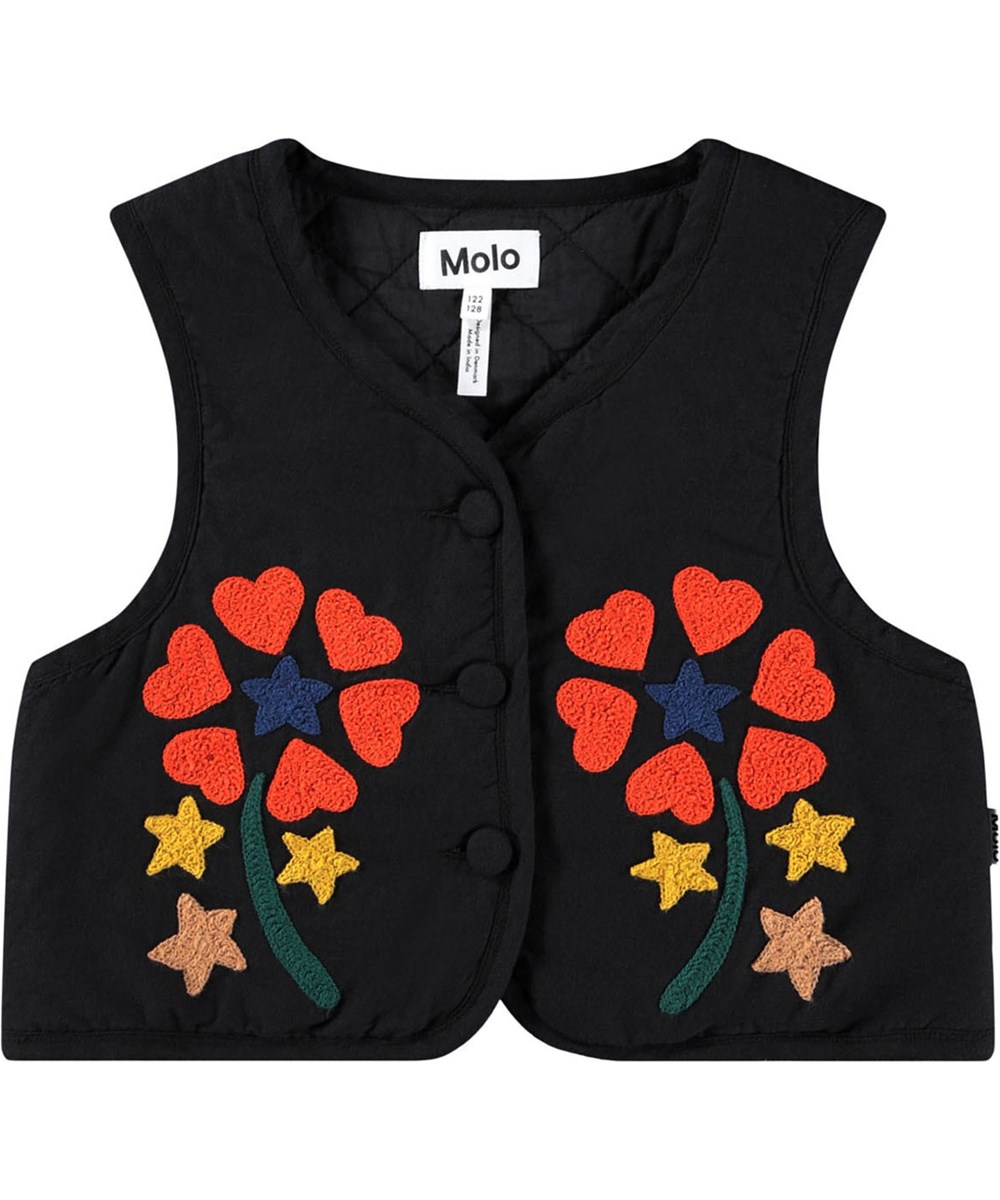 Helma - Black - Kort, let vatteret vest med broderi til børn. 