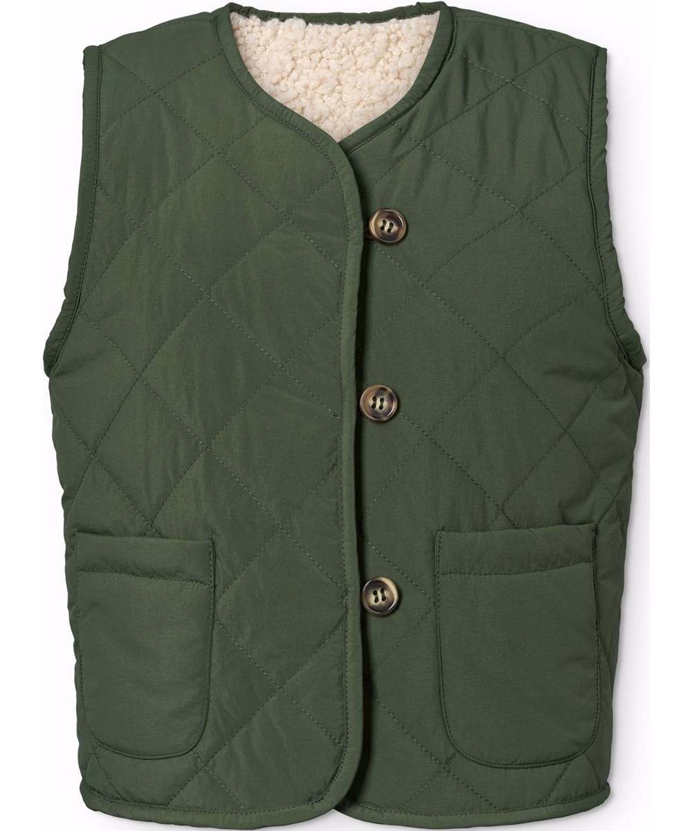 Holla - Dark Forest - Vendbar vest i grøn quilt og blød teddy fleece til børn. 