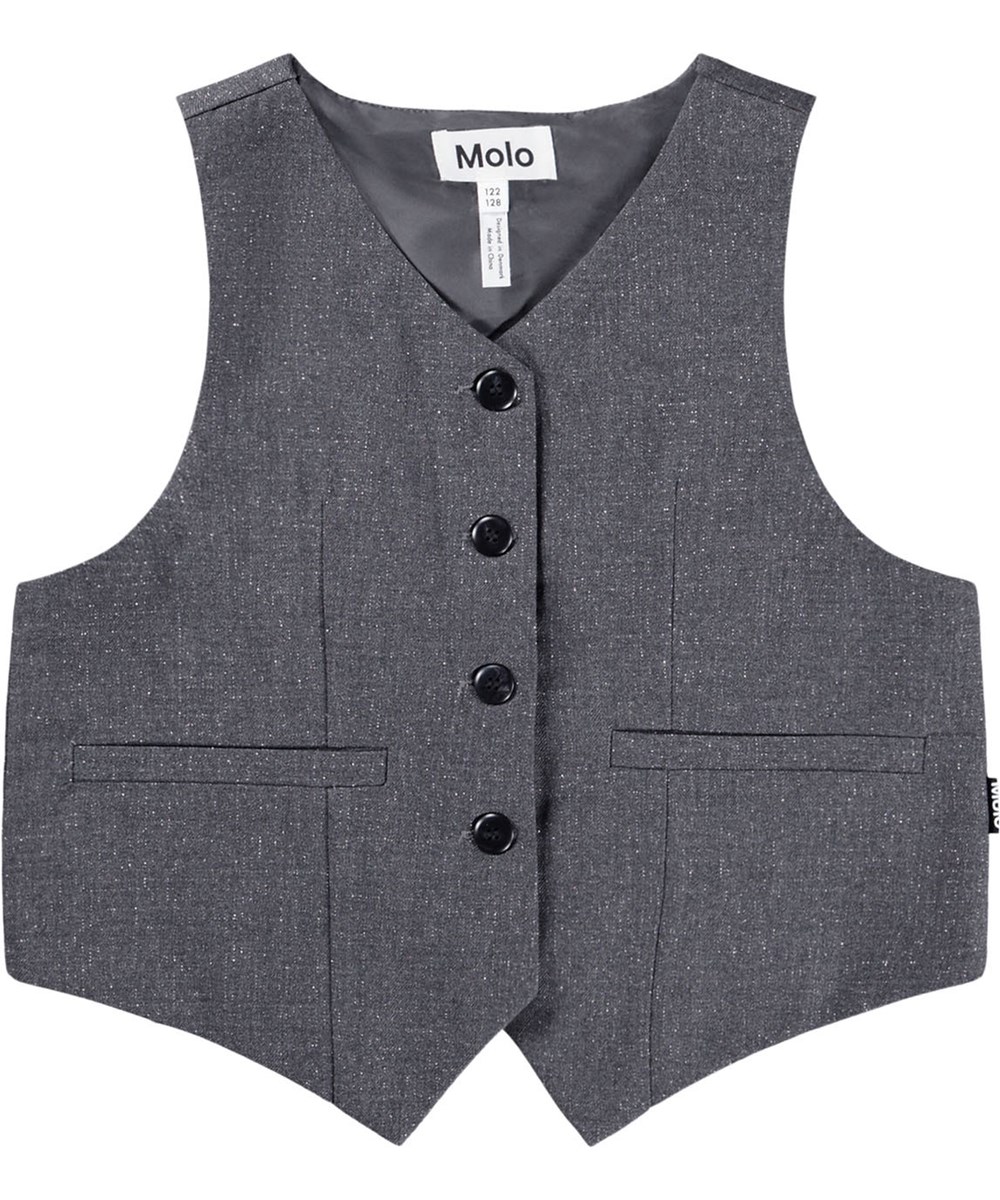 Hollie - Grey Silver Check - Grå herre-inspireret vest i grå med sølvglimmer til børn. 
