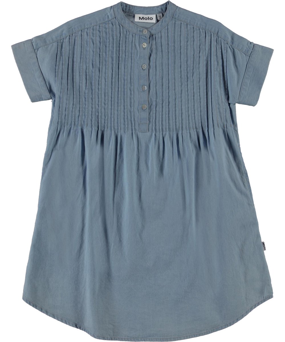 Caitlyn - Summer Wash Indigo - Blå denim skjortekjole med pliseringer