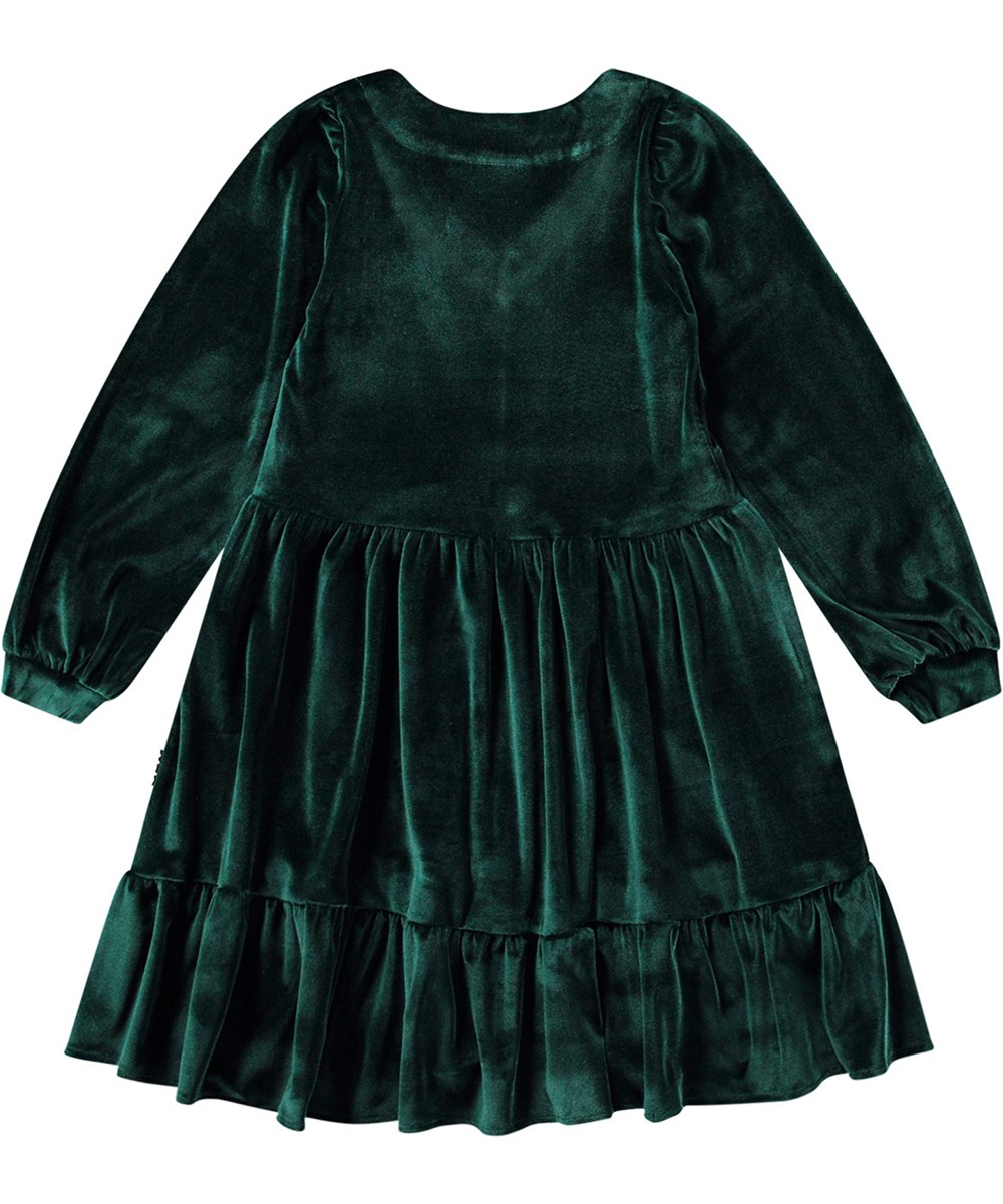 Calanthe - Aventurine - Knælang flaskegrøn velour kjole med lange ærmer og et skørt med rynk