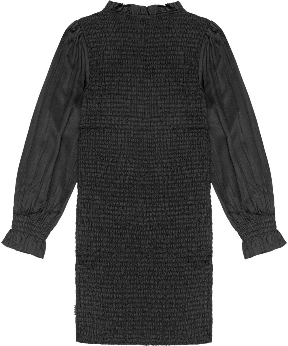 Calesta - Black - Sofistikeret knælang sort kjole i blødt viscose med smock-effekt