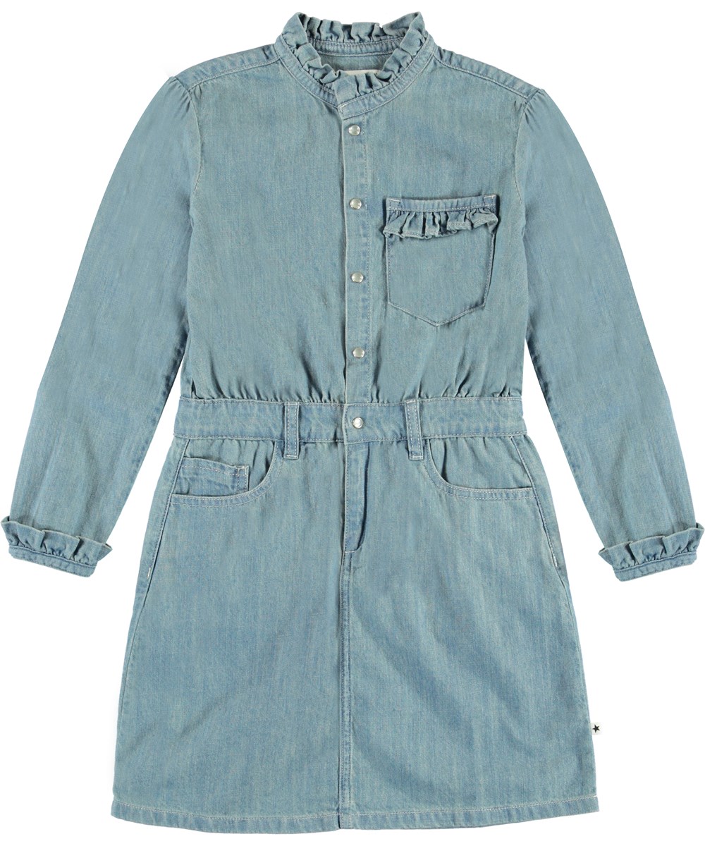 Cali - Washed Denim Blue - Denim kjole med flæser