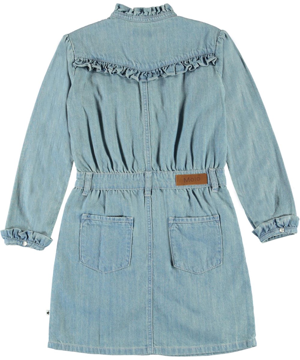 Cali - Washed Denim Blue - Denim kjole med flæser