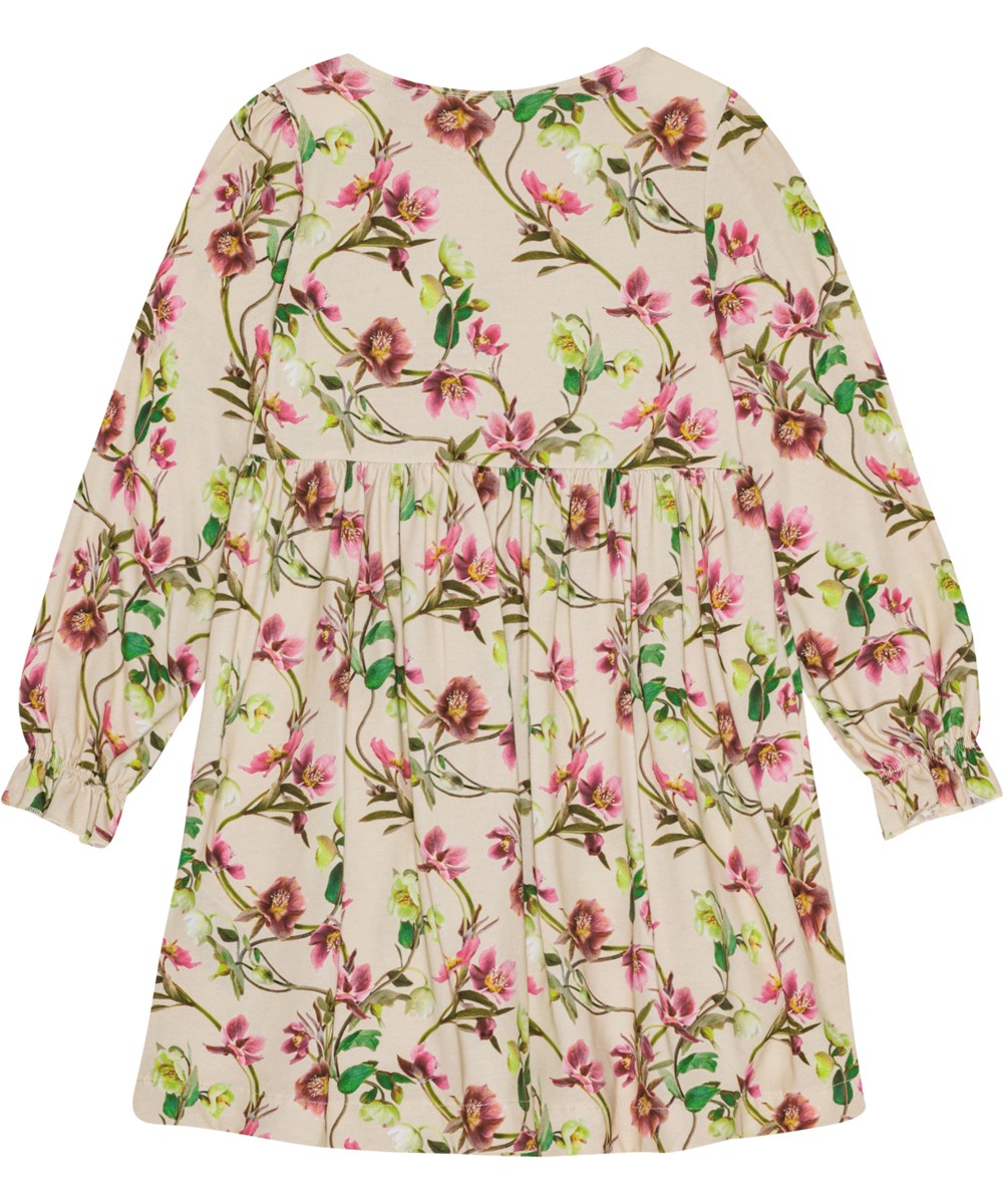 Camie - Hellebore - Råhvid jersey kjole i økologisk bomuld med et print blomster