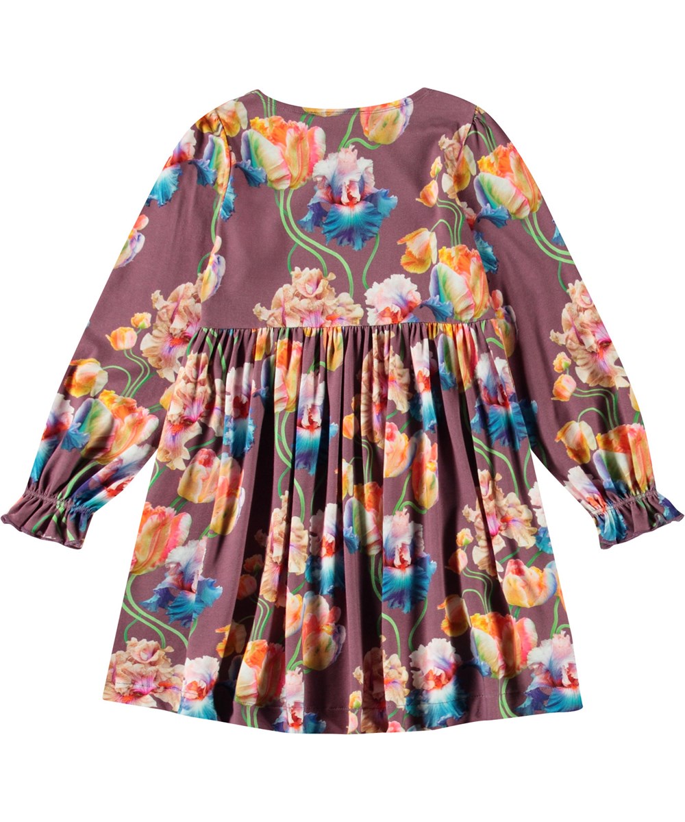 Camie - Rainbow Tulips - Lilla knælang kjole til børn i blødt økologisk bomuldsjersey med rund hals og lange ærmer med flæsekant.