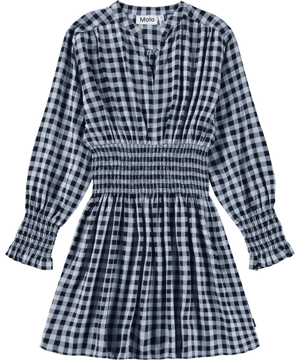 Camira - Moon Gingham - Langærmet blåternet kjole i viskose til børn.