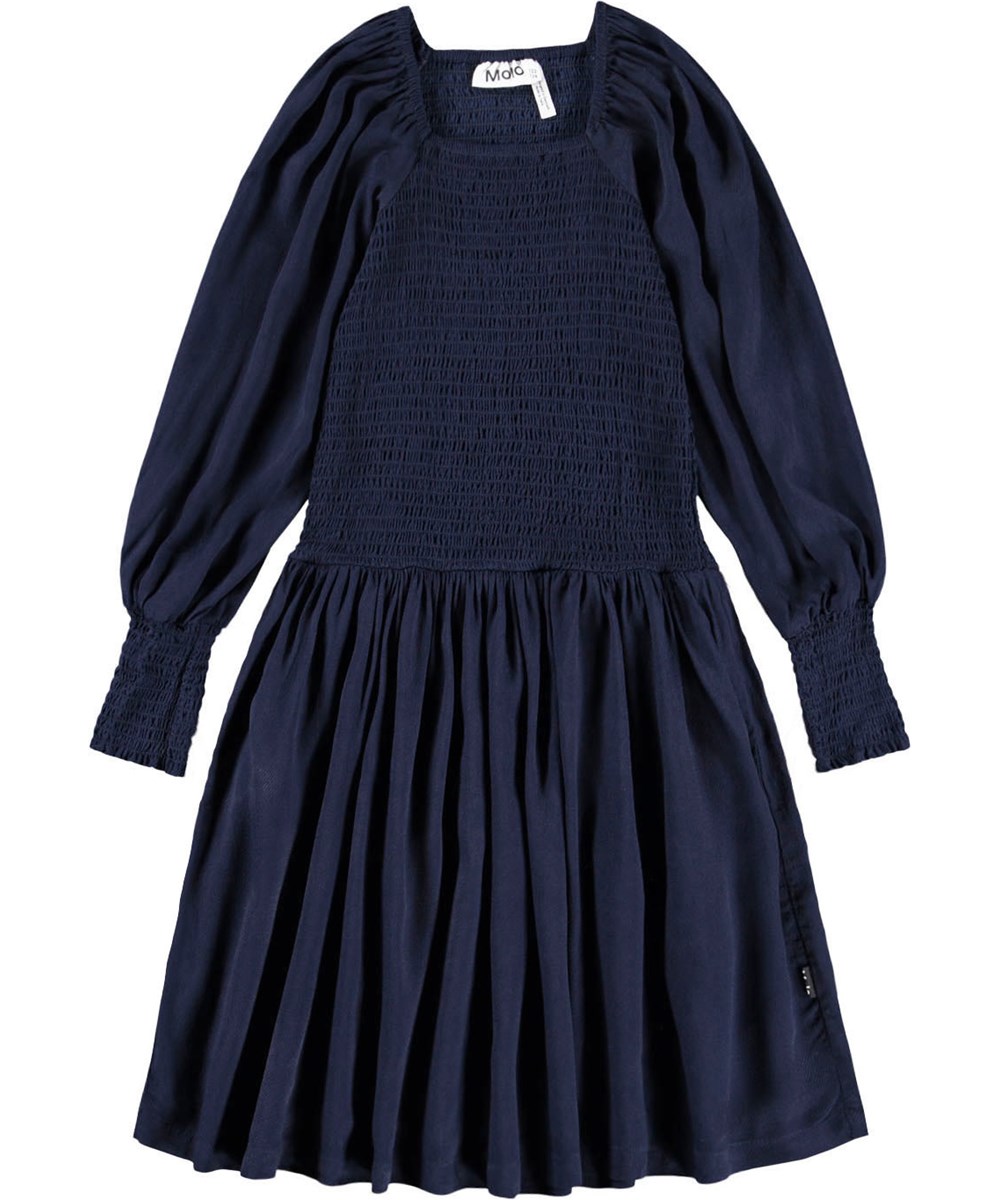 Camitta - Galaxy Blue - Mørkeblå knælang kjole til børn i viskose med smockeffekt