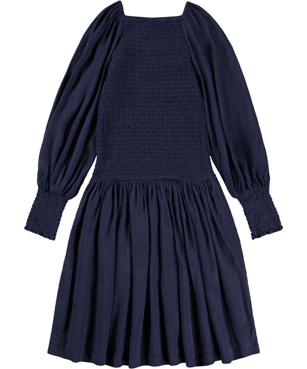 Camitta - Galaxy Blue - Mørkeblå knælang kjole til børn i viskose med smockeffekt