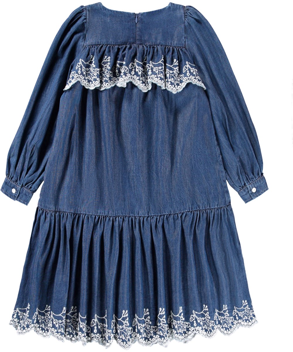 Camitty - Oak Embroidery - Langærmet blå kjole til børn i økologisk bomulds-chambrey.