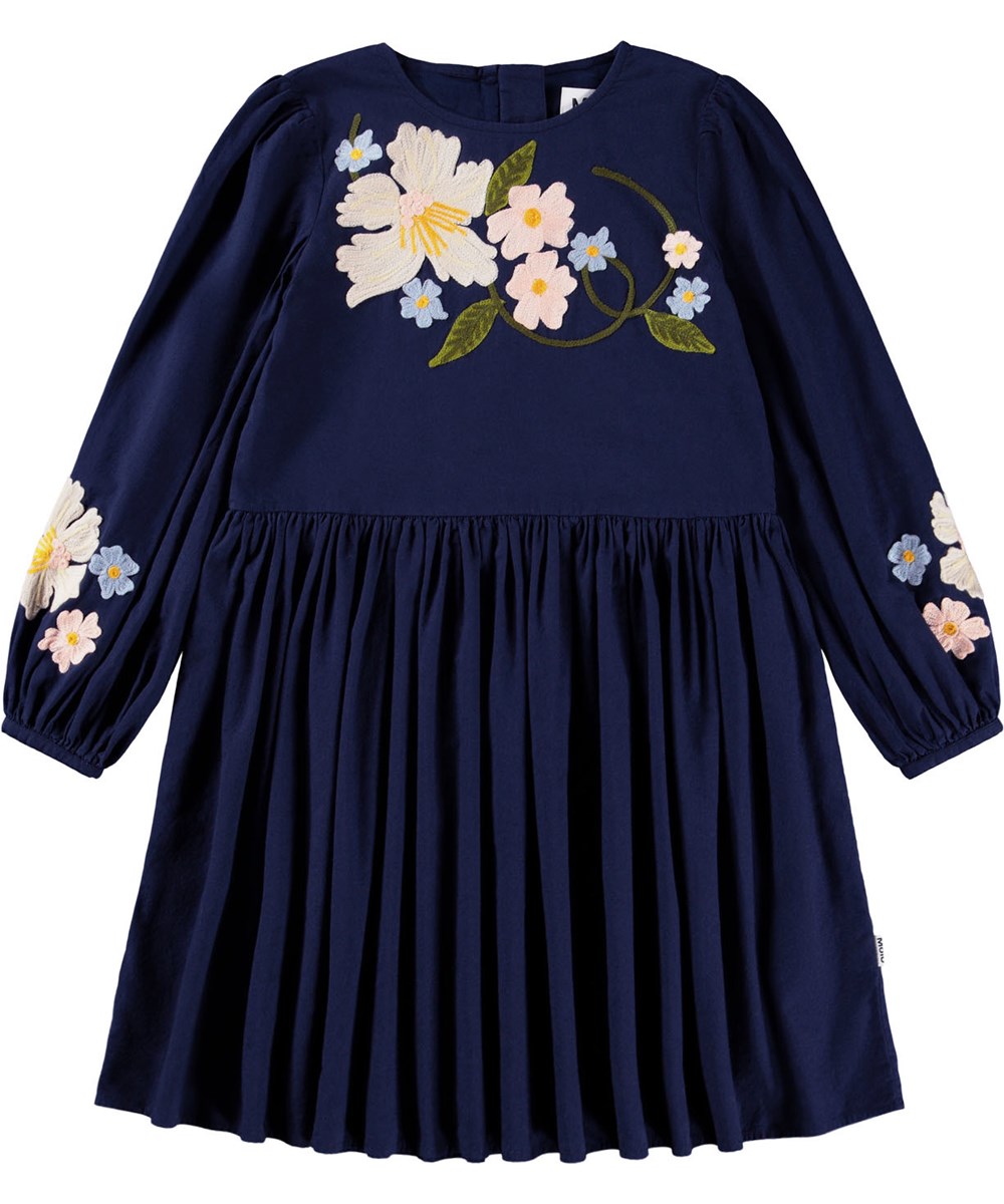 Camma - Galaxy Blue - Knælang blå kjole til børn i bomuld. Dekoreret med broderede blomster.