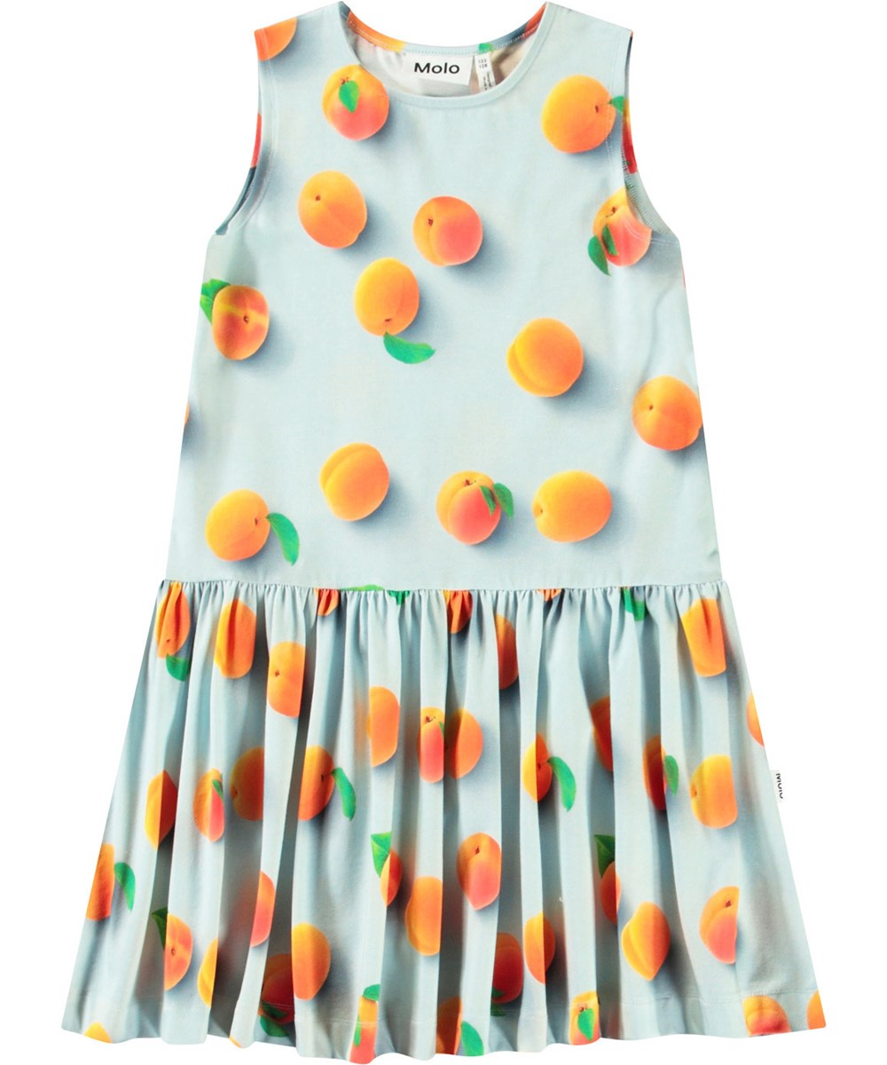 Candece - Fresh Apricots - Lyseblå kjole til børn i blødt økologisk bomulds jersey med rund hals og en skæring i taljen.