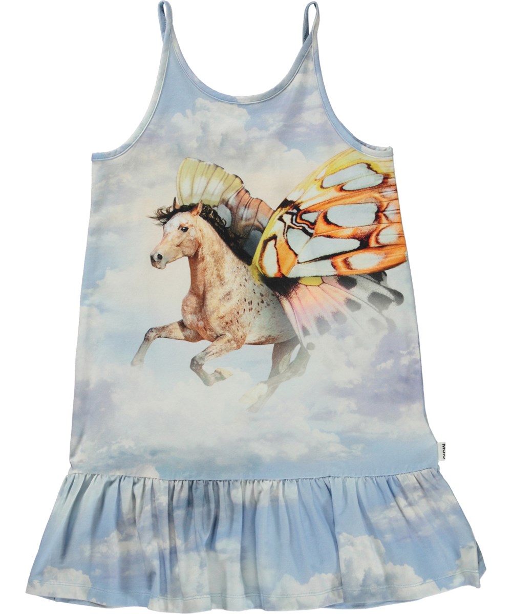 Carrie - Butterfly Horse - Lyseblå stropkjole i økologisk jersey med heste print